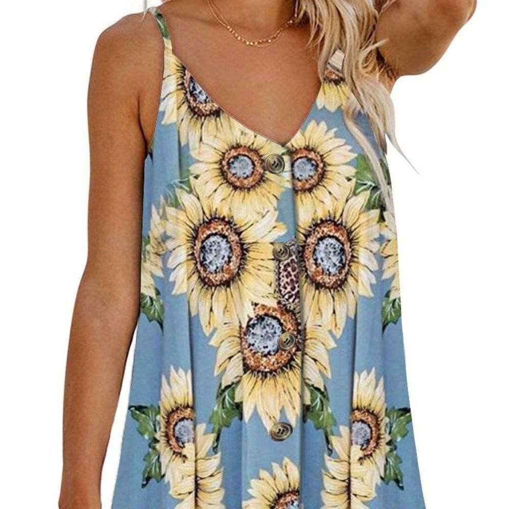 NWT Sky Blue Sunflower Pattern Button Slip Cami Dress - Picture 1 of 4